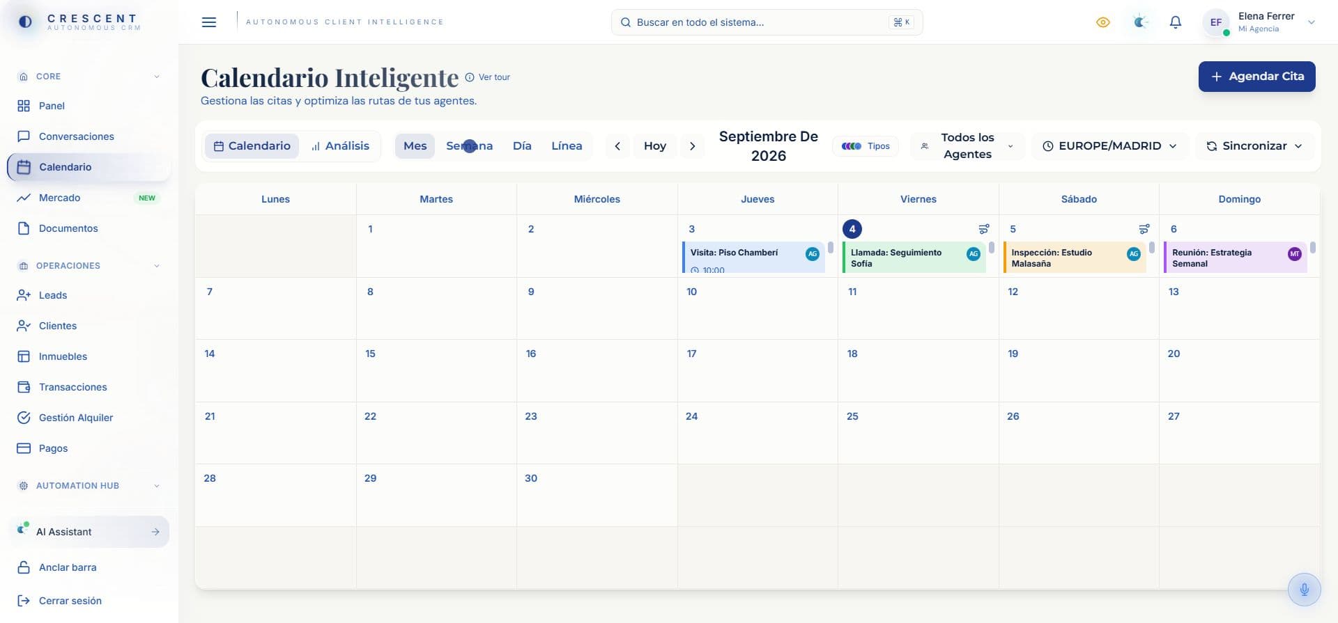 Crescent intelligent calendar showing property viewings and agency appointments